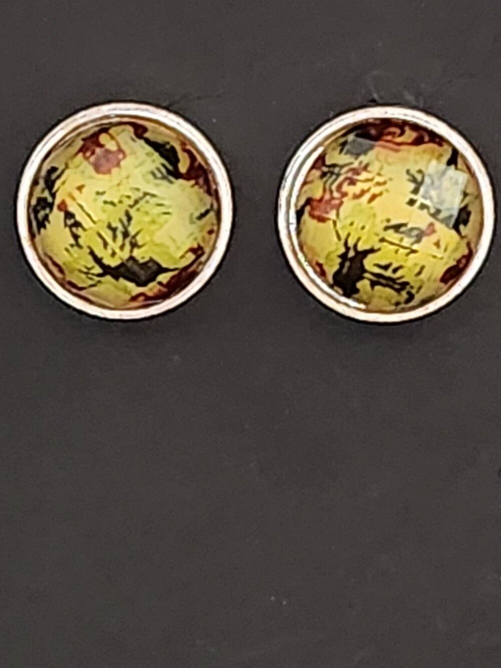Abstract Yellow Marbled Stud Earrings Silver Tone Boho Artisan